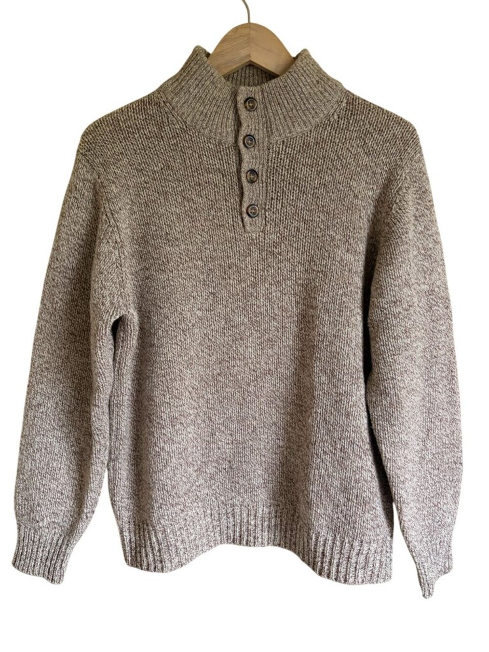 L.L. Bean Size Large Tan 100% Lambswool Pullover 1/4 Button Front